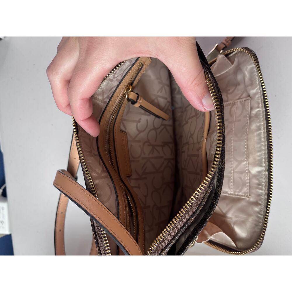 Calvin Klein Brown Monogram Crossbody Bag Zip Top Multi Pocket - Picture 7 of 10